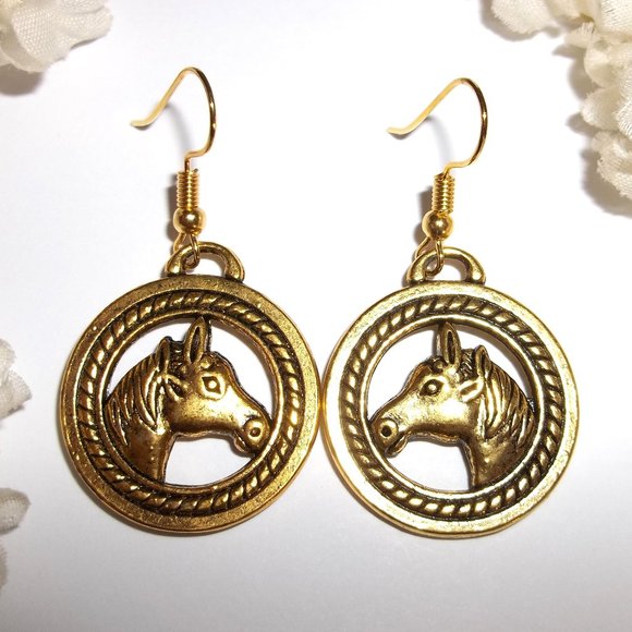 wvluckygirl Jewelry - Horse Earrings Dangle Drop Gold Costume Jewelry Western Circle Rope Gift C478